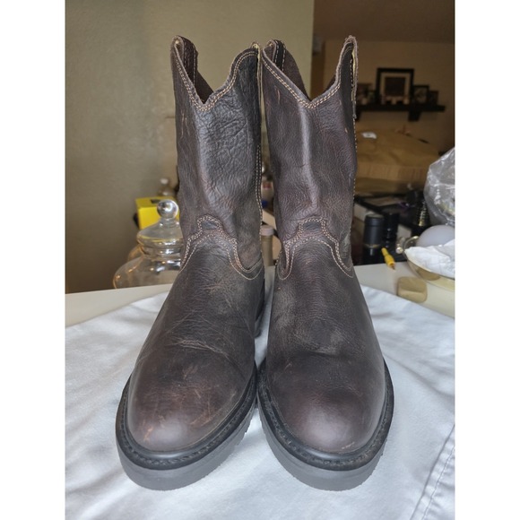 Mens Brown Work Boots Real Leather Slip Resistant Traction Sole Soft Toe